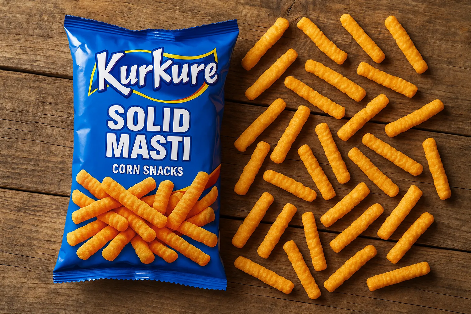 Kurkure Solid Masti corn snacks on rustic wooden table - 158 calories per serving
