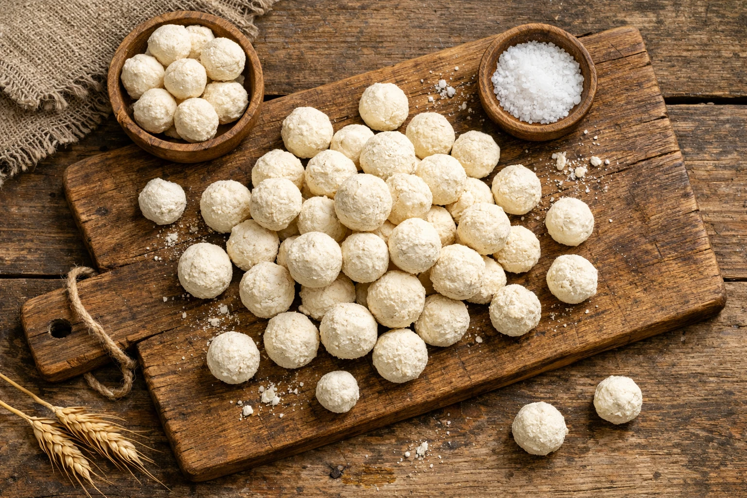 Boules de kurut fraîches sur table en bois rustique - 350 calories pour 100g