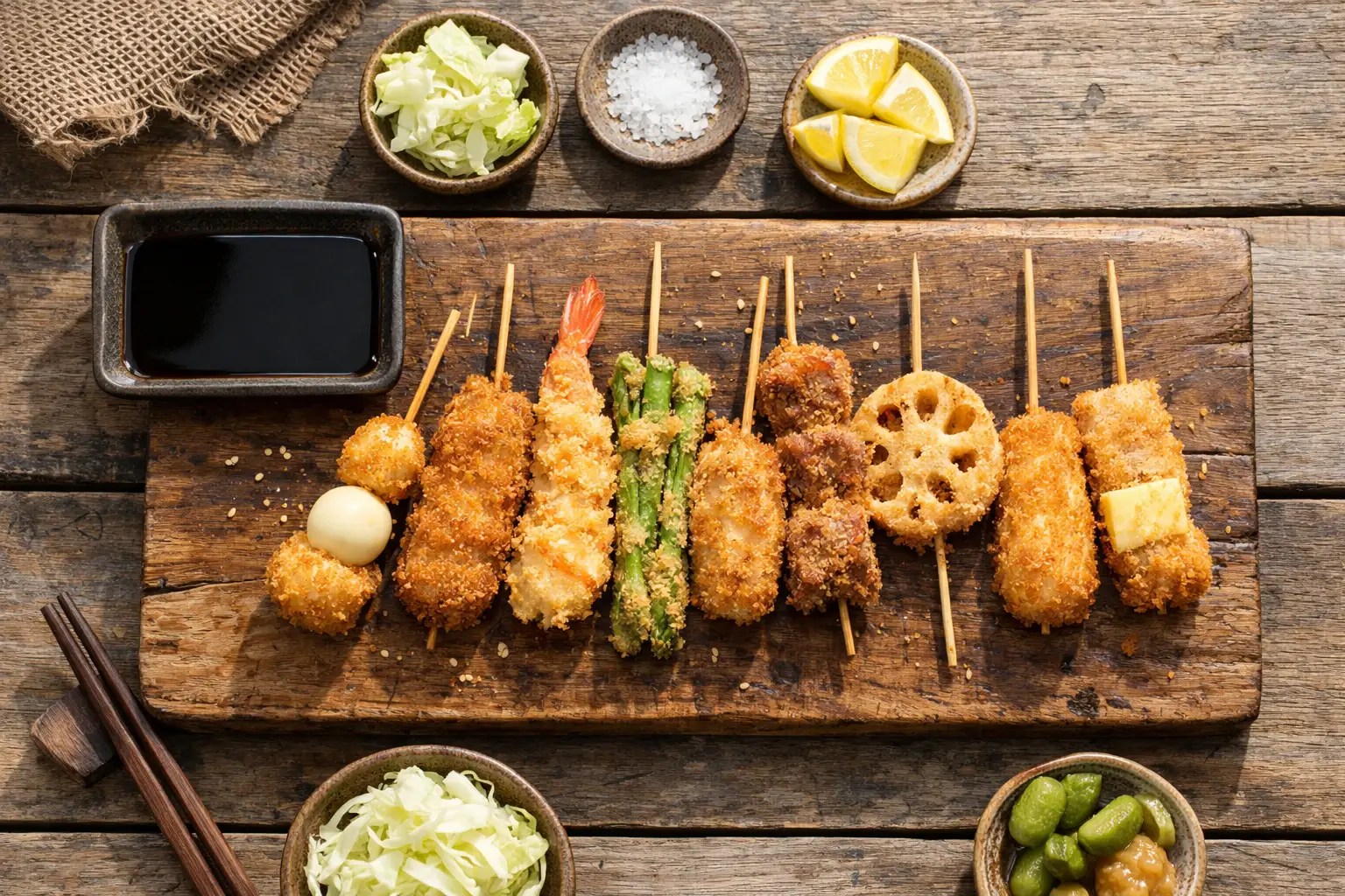 Frisches japanisches Kushikatsu auf rustikalem Holzbrett - 306 Kalorien pro 100 g
