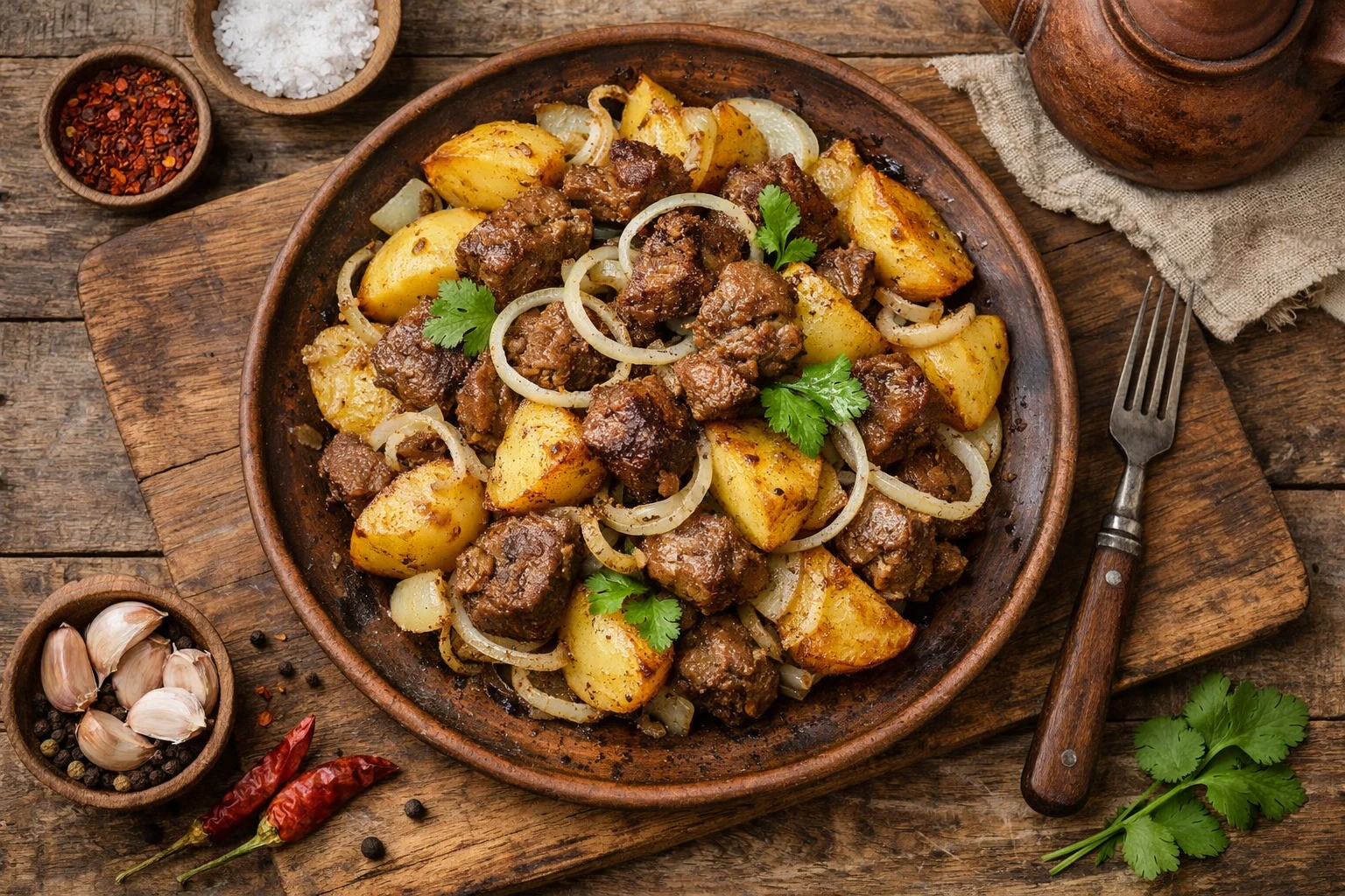 Fresh kuurdak on rustic wooden table - 380 calories per serving