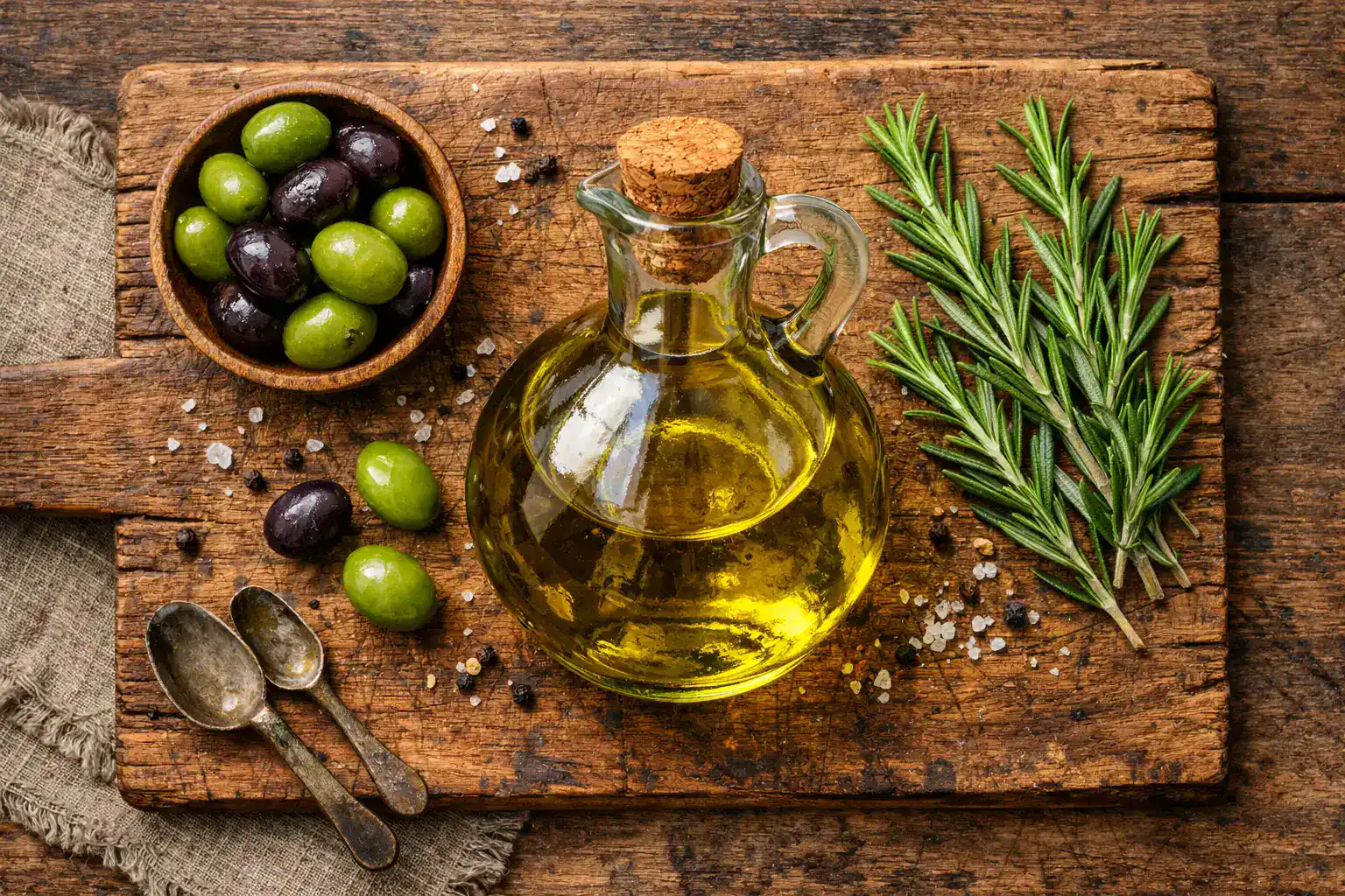 Frisches polyphenolreiches Olivenöl auf rustikalem Holztisch - 120 Kalorien pro Esslöffel