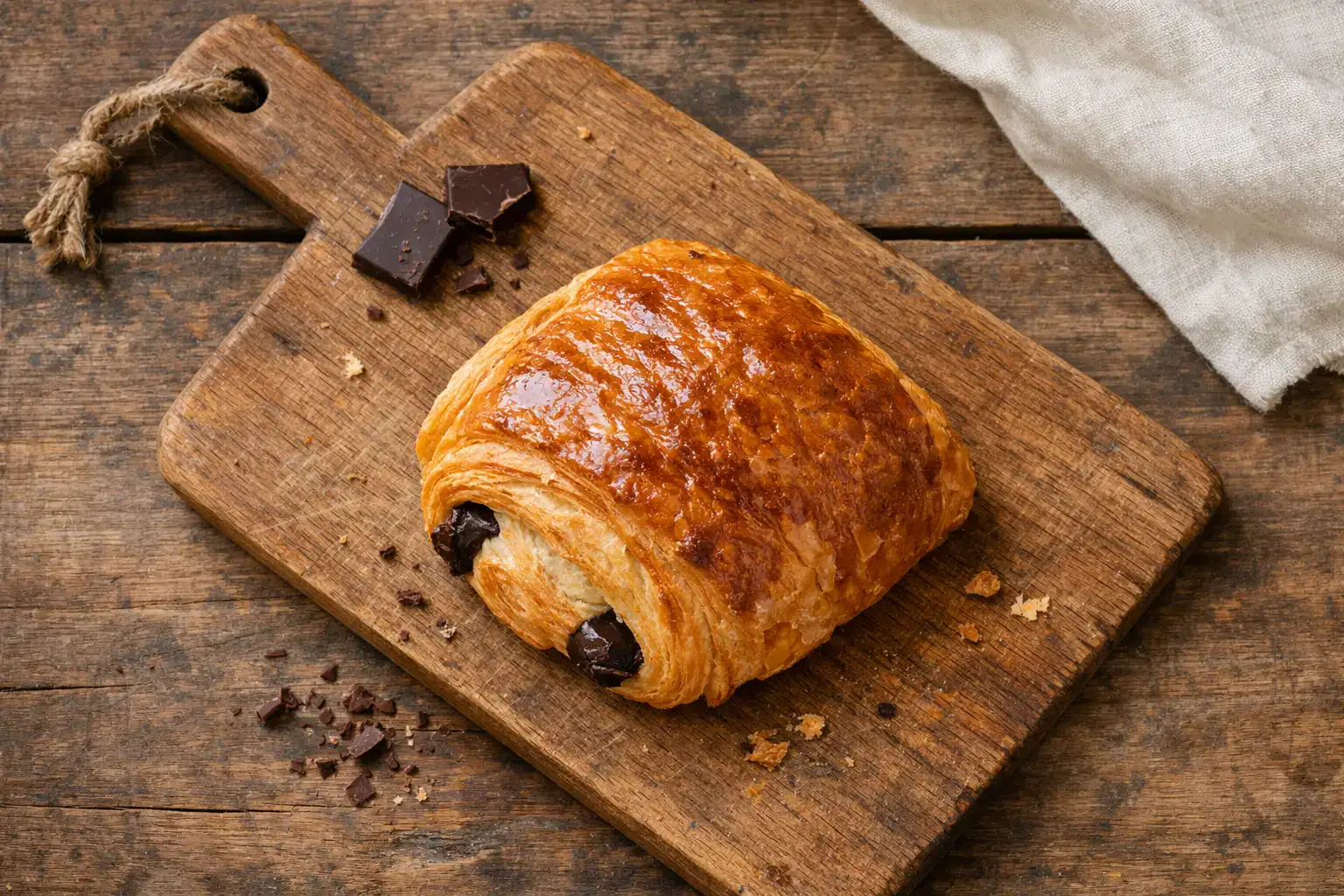 Fresh La Boulangere Pain au Chocolat on rustic wooden table - 190 calories per pastry