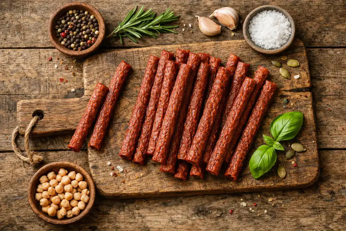 La Vie Vegan Salami Sticks en mesa de madera rústica - 25 calorías por palito