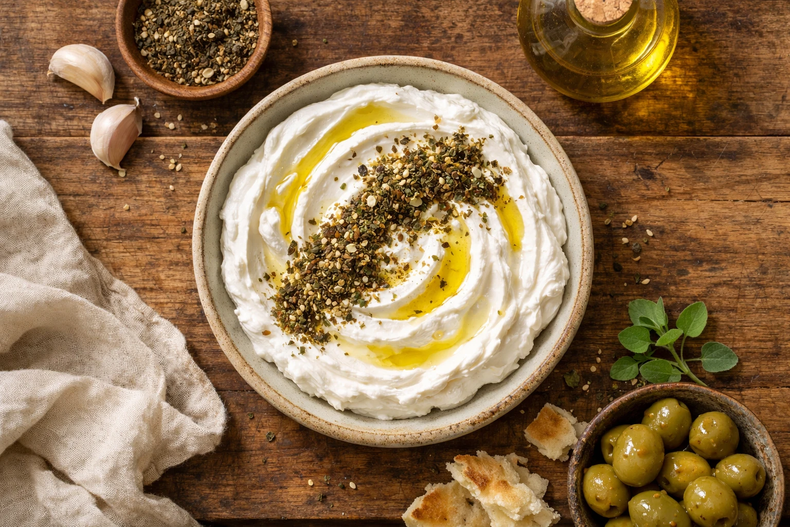 Fresh labneh with za'atar on rustic wooden table - 180 calories per serving