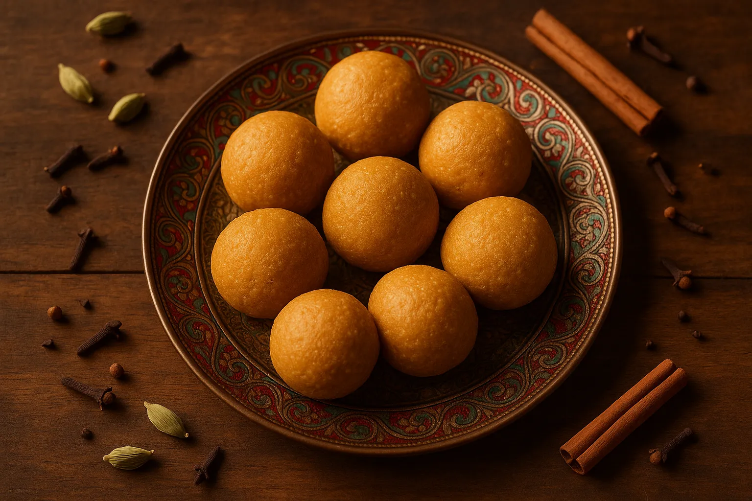 Fresh ladoo on rustic wooden table - 170 calories per piece