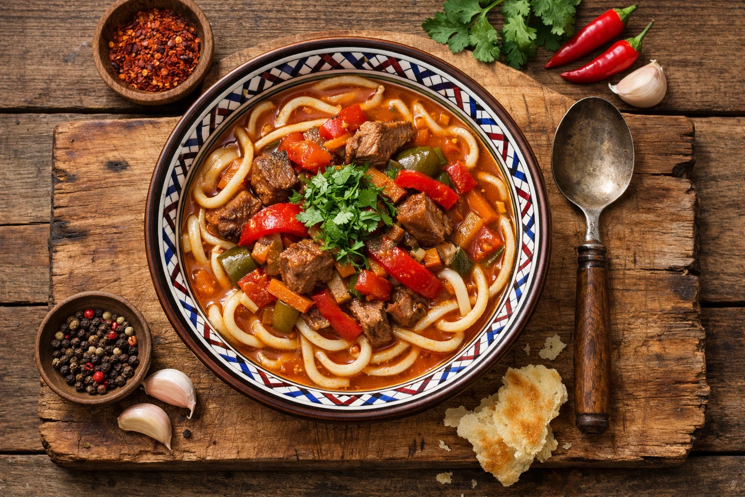 Sopa de fideos Lagman centroasiática fresca sobre mesa de madera rústica - 380 calorías por tazón