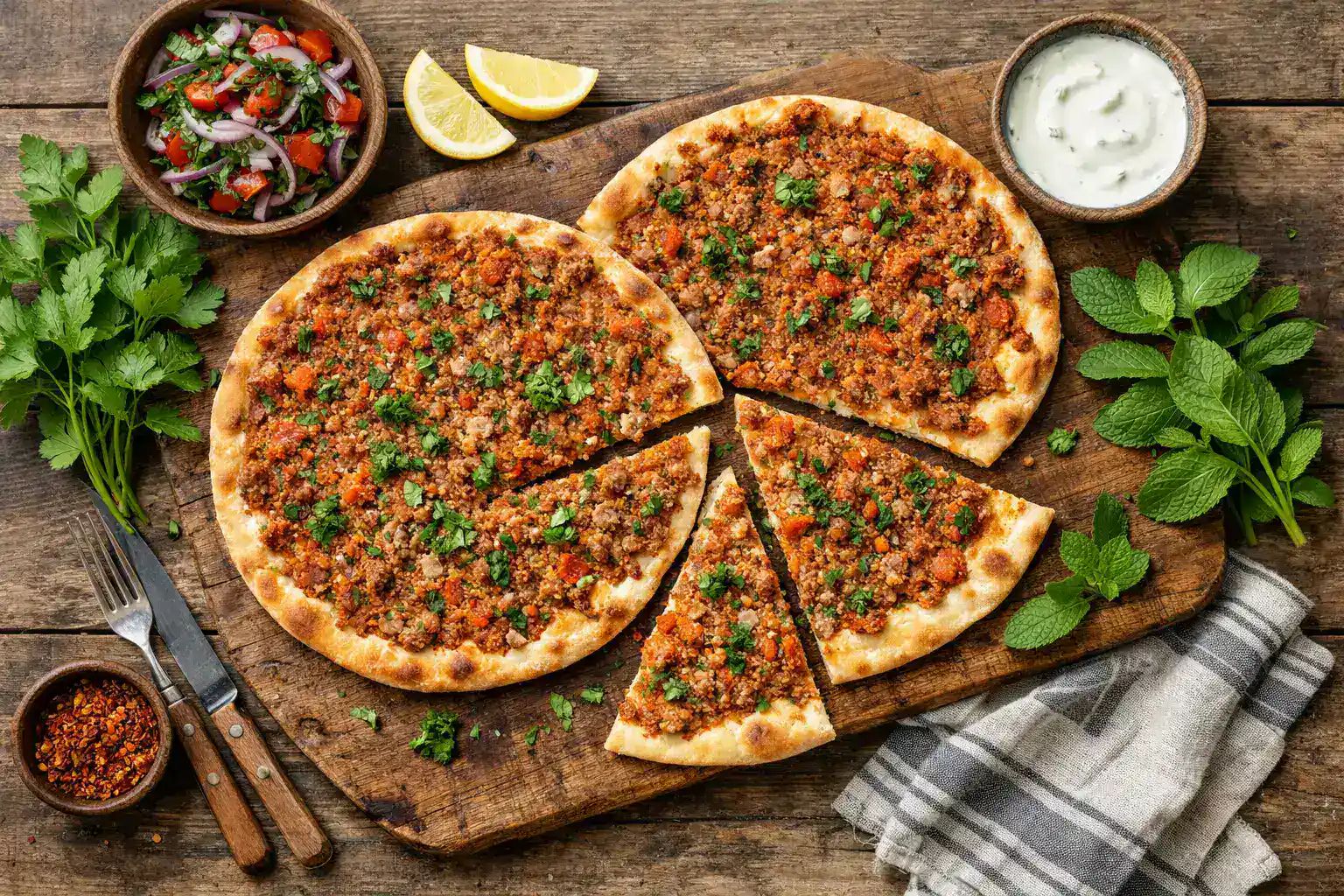 रस्टिक लकड़ी की टेबल पर ताज़ा लहमाजुन टर्किश पिज़्ज़ा - प्रति पीस 270 कैलोरी