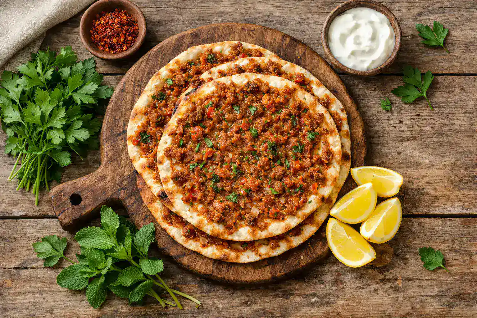Fresh lahmacun Turkish pizza on rustic wooden table - 270 calories per piece