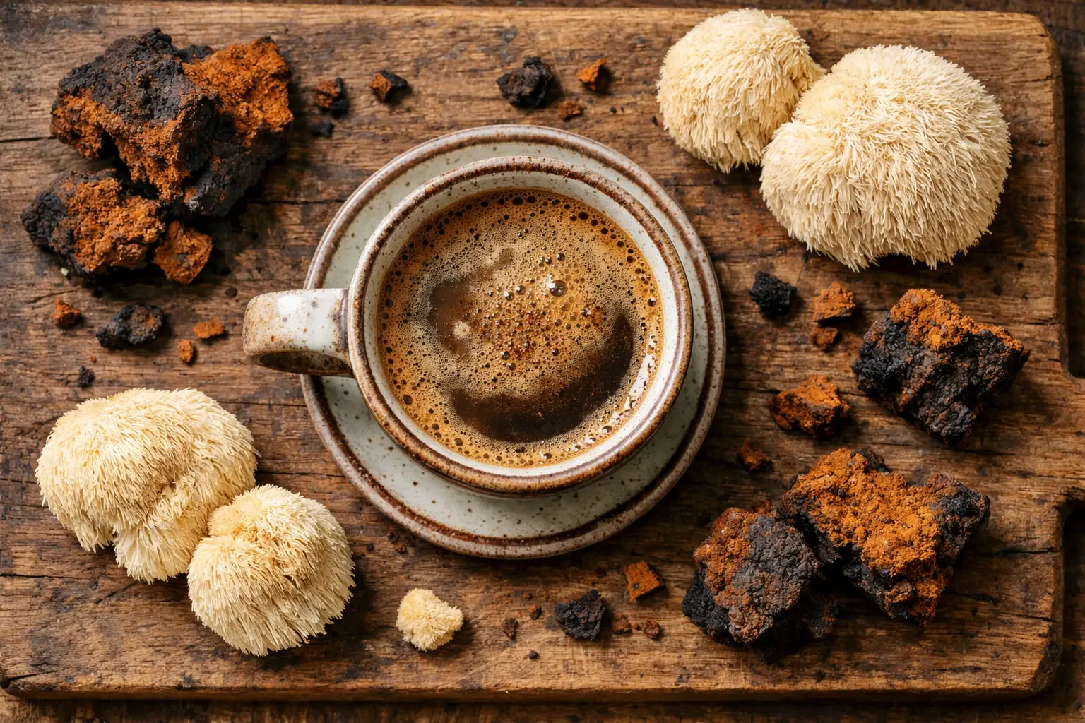 Frischer Laird Mushroom Coffee auf rustikalem Holztisch – 5 Kalorien pro Tasse