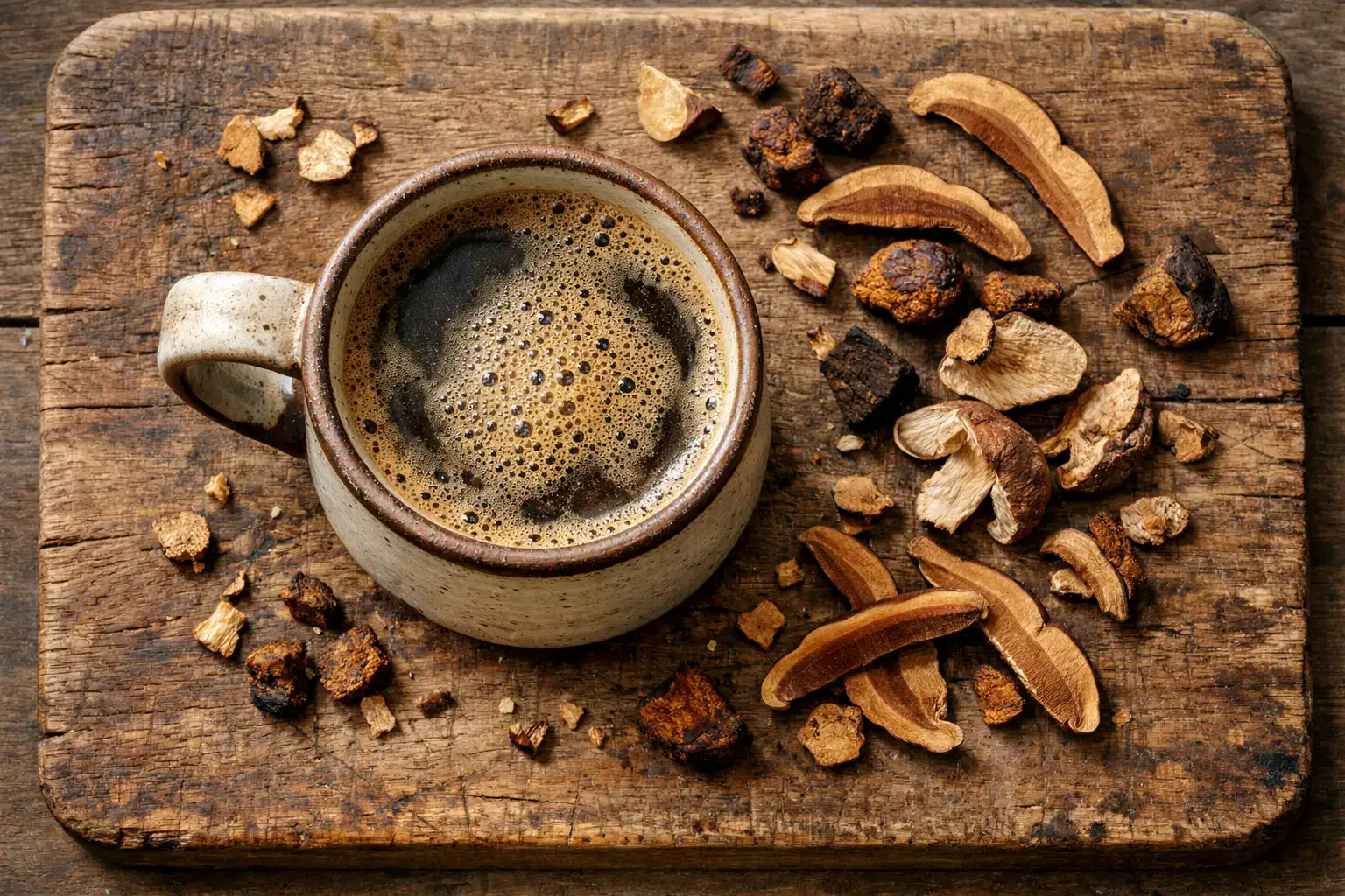 ताज़ी mushroom coffee लकड़ी की टेबल पर - प्रति कप 10 कैलोरी