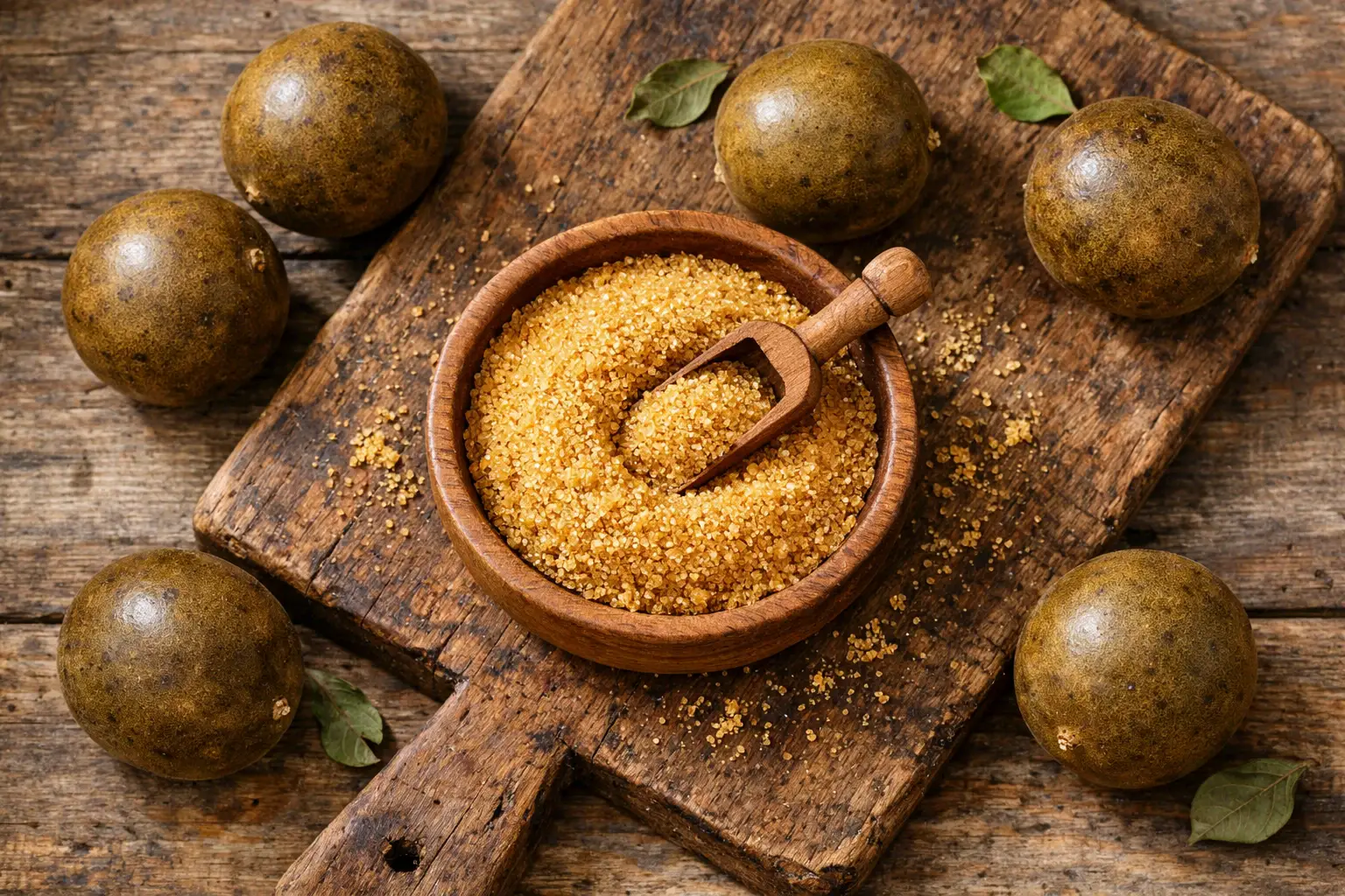 रस्टिक वुडन टेबल पर Lakanto Golden Monkfruit Sweetener - प्रति सर्विंग 0 कैलोरी