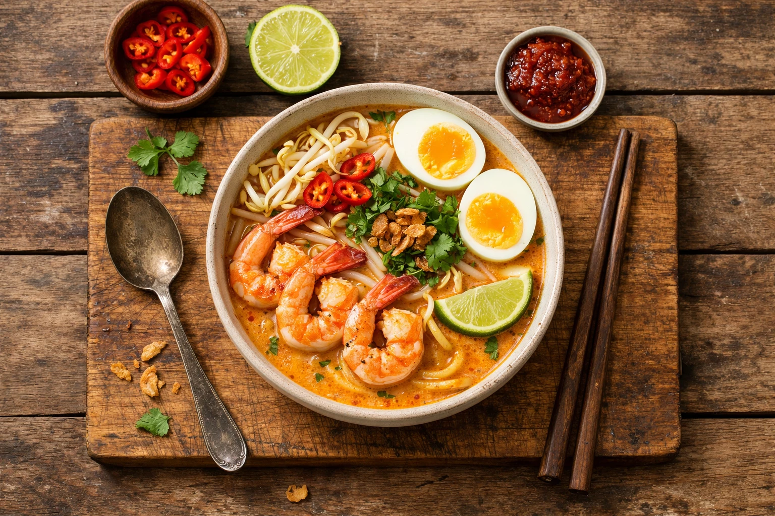 Fragrant curry laksa in white ceramic bowl with shrimp, noodles and turmeric broth - 600 calories per serving