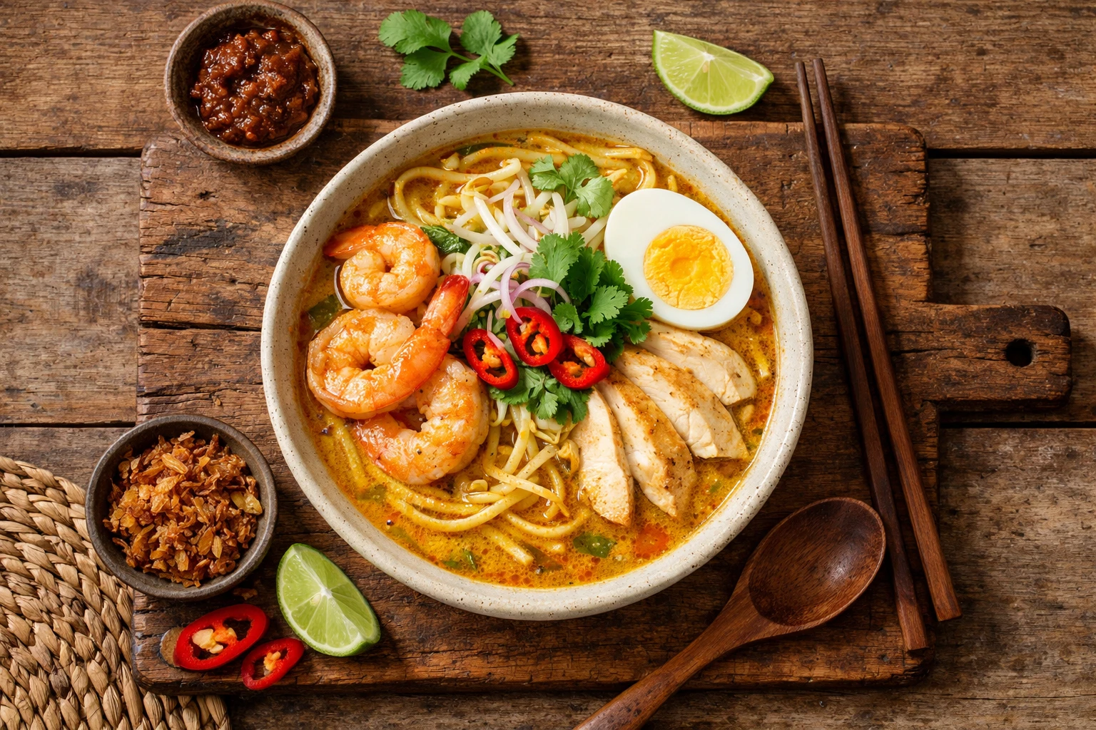 Curry laksa parfumé dans un bol en céramique blanche avec crevettes, nouilles et bouillon au curcuma – 600 calories par portion