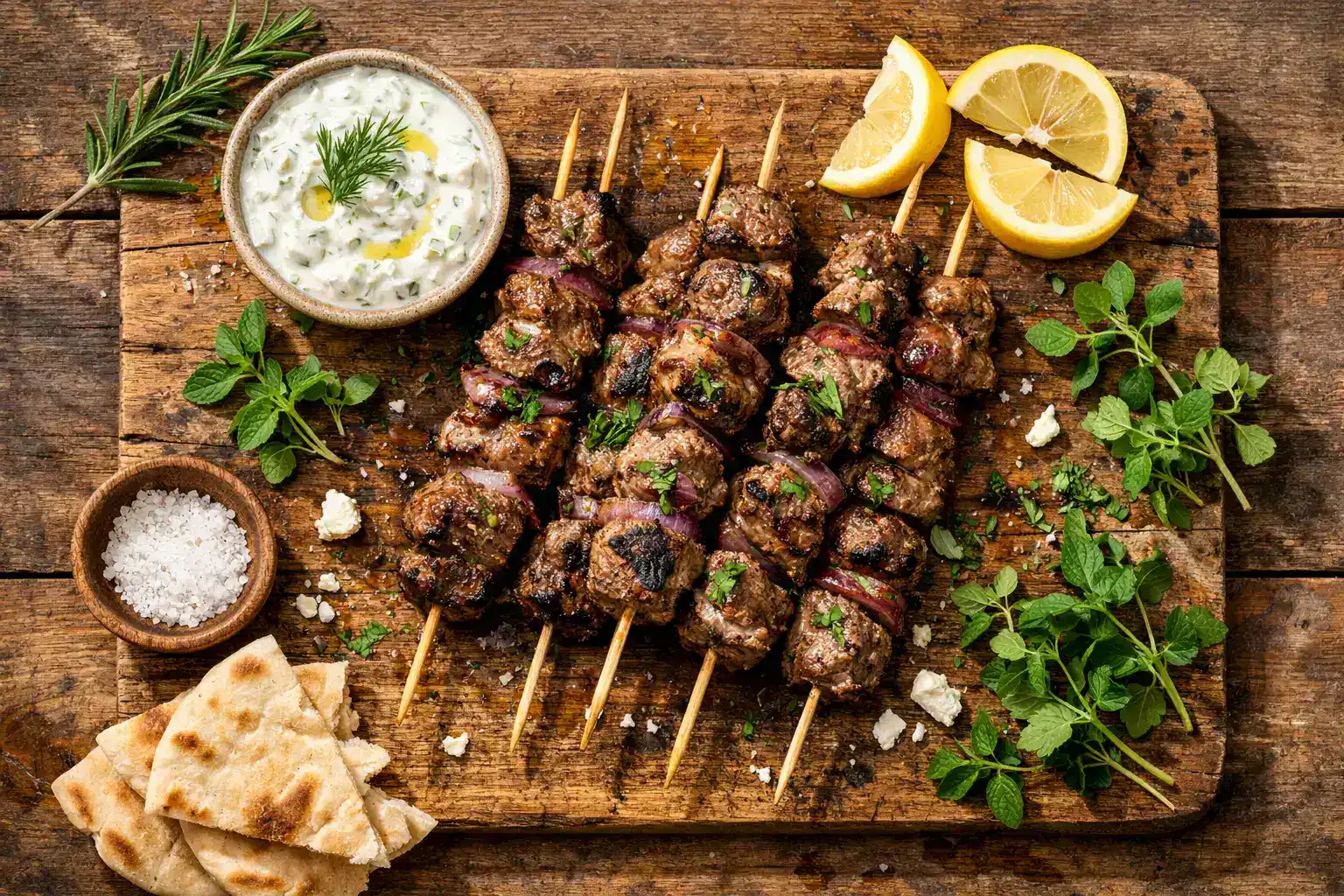 Souvlaki d'agneau frais sur table en bois rustique - 310 calories par portion