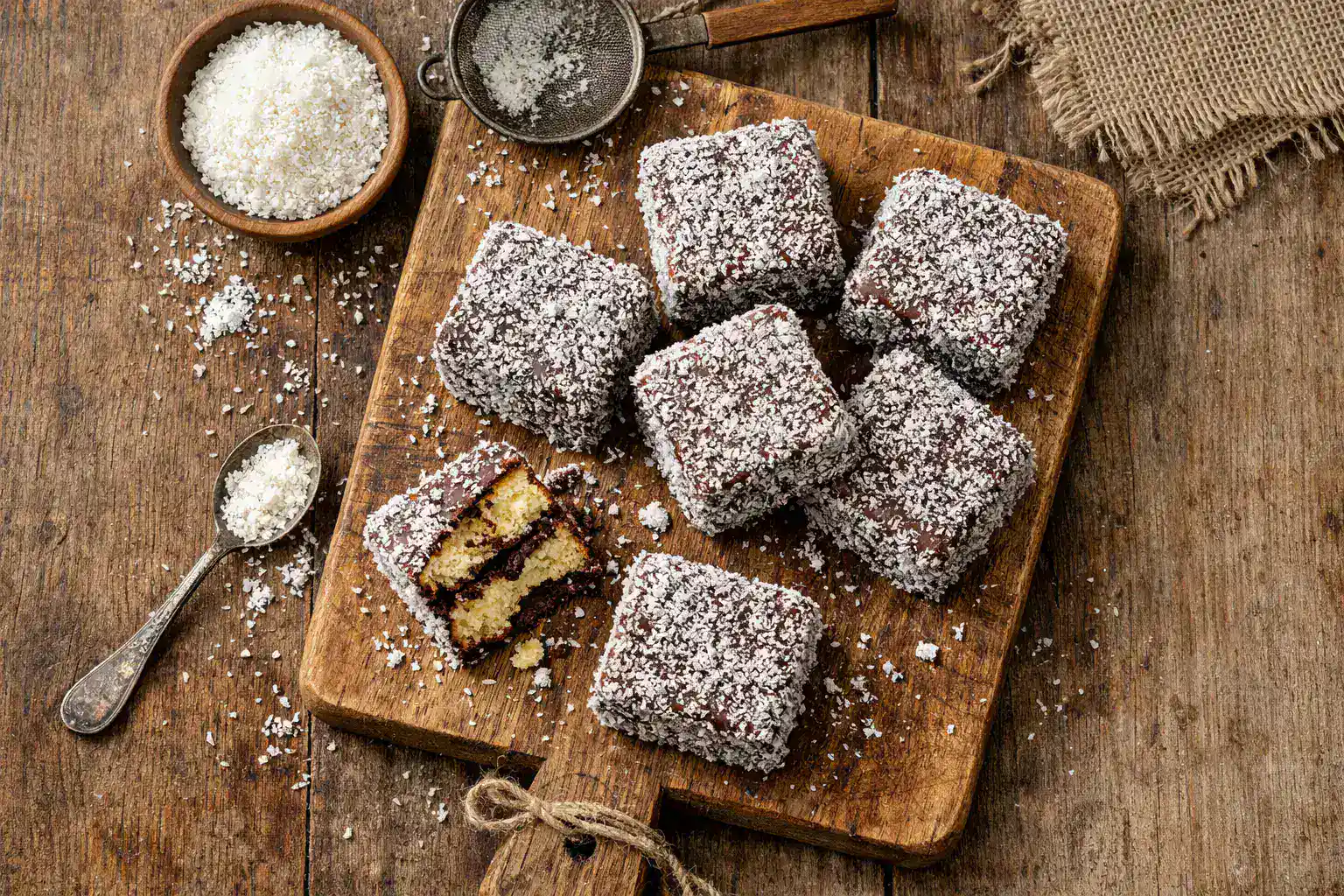 Frischer Lamington auf rustikalem Holztisch - 290 Kalorien pro Stück