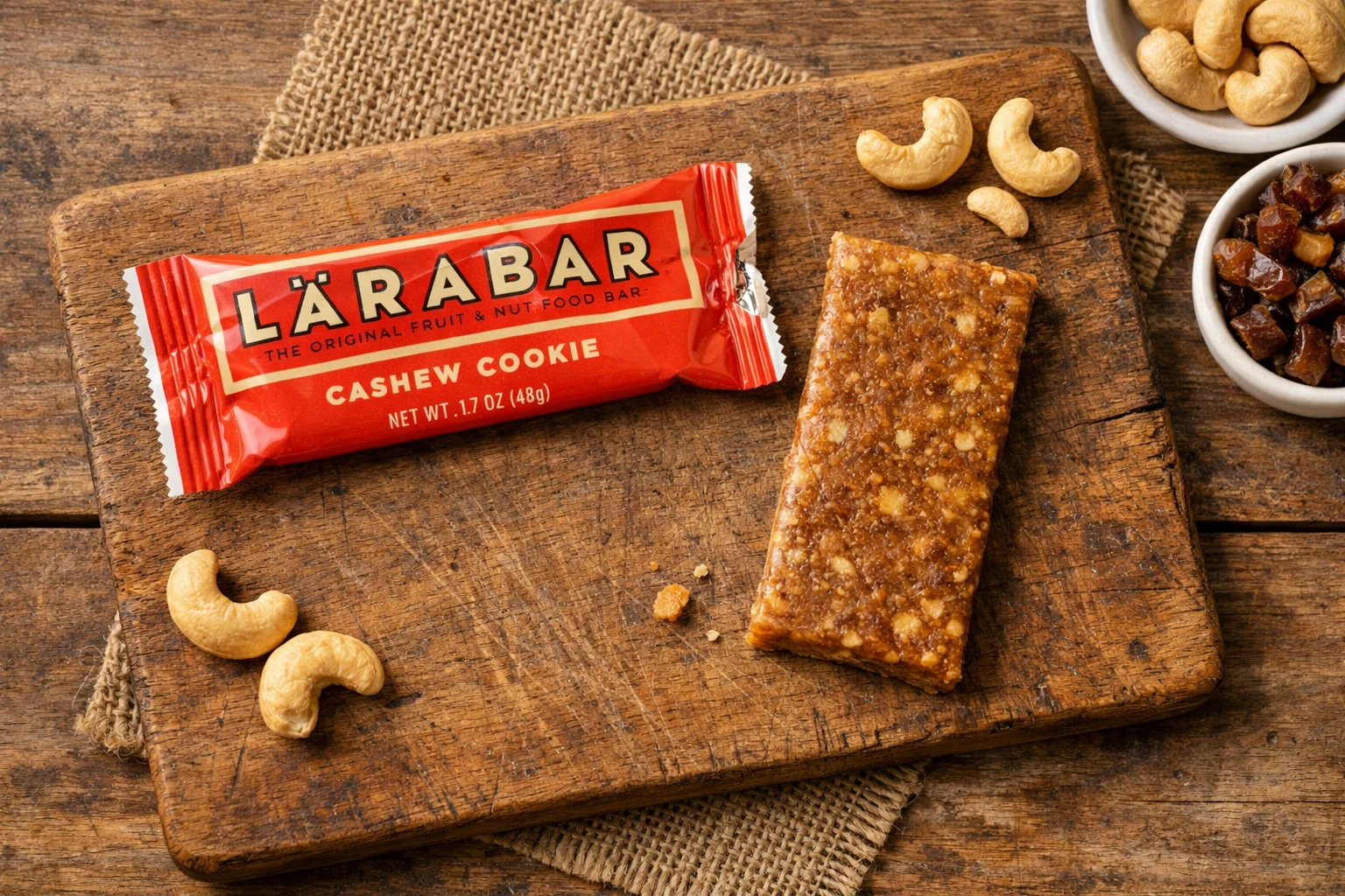 Barra Larabar Cashew Cookie sobre superficie de madera - 220 calorías por barra