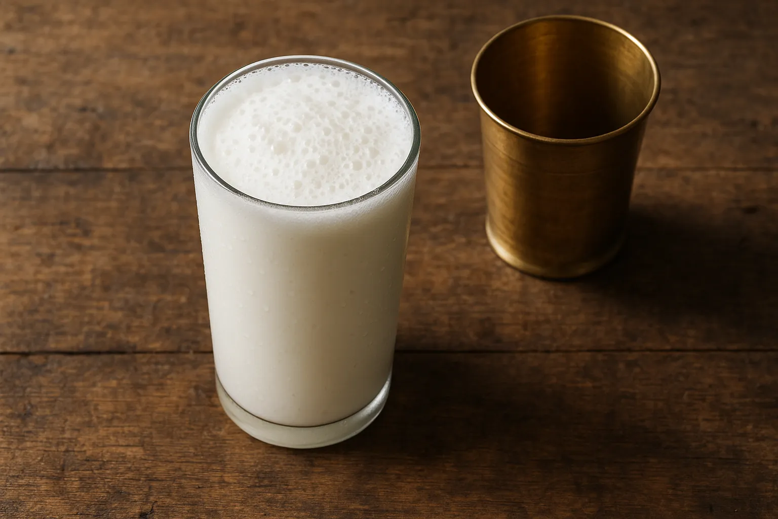 Frisches Lassi auf rustikalem Holztisch - 143 Kalorien pro Tasse