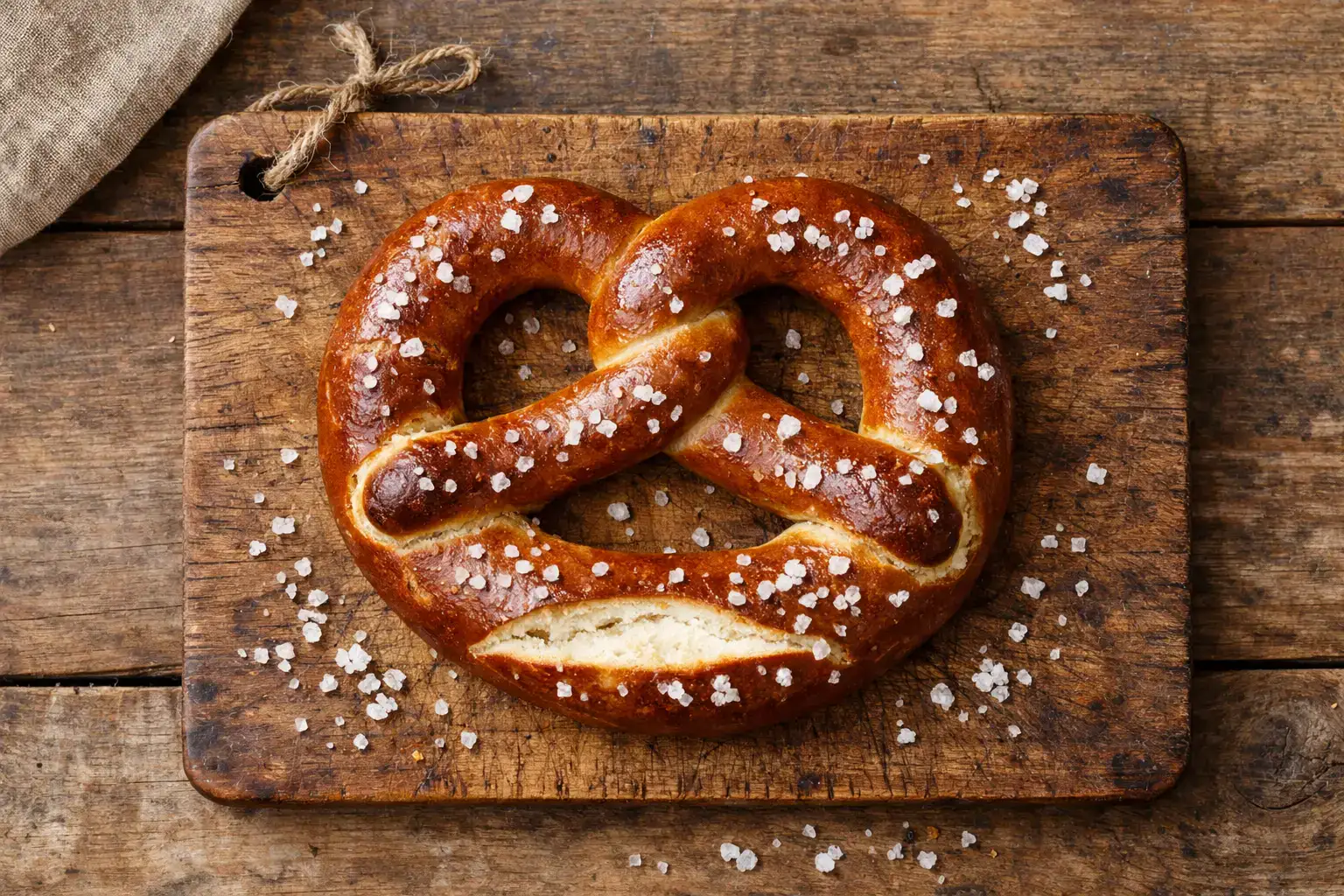 Frische Laugenbrezel auf rustikalem Holztisch - 266 Kalorien pro Brezel