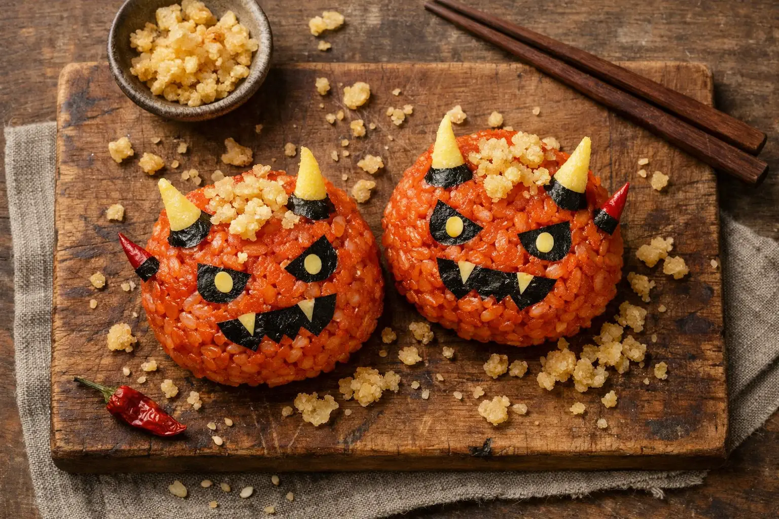 Fresh Devil's Onigiri on rustic wooden table - 125 calories per piece