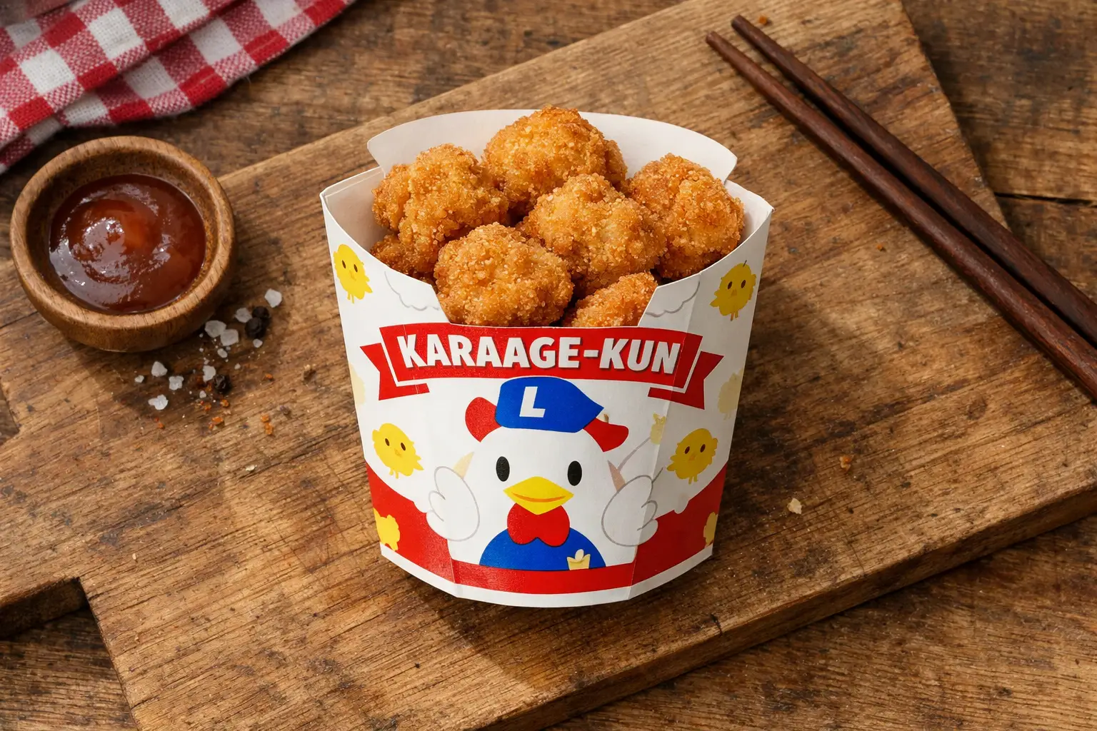 Frisches Lawson Karaage Kun frittiertes Hähnchen auf rustikalem Holztisch - 226 Kalorien pro Packung