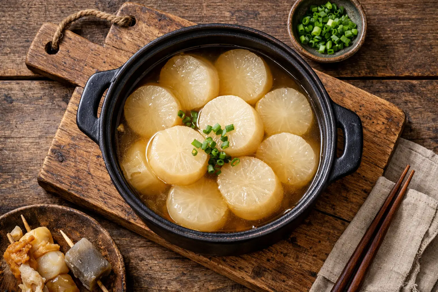 Radis daikon oden frais dans un bouillon de hot pot - 18 calories par morceau