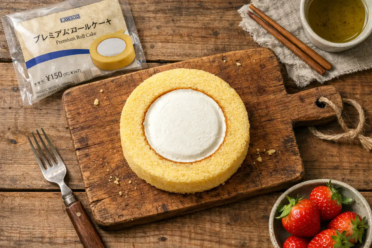 Fresh Lawson Premium Roll Cake on rustic wooden table - 222 calories per piece