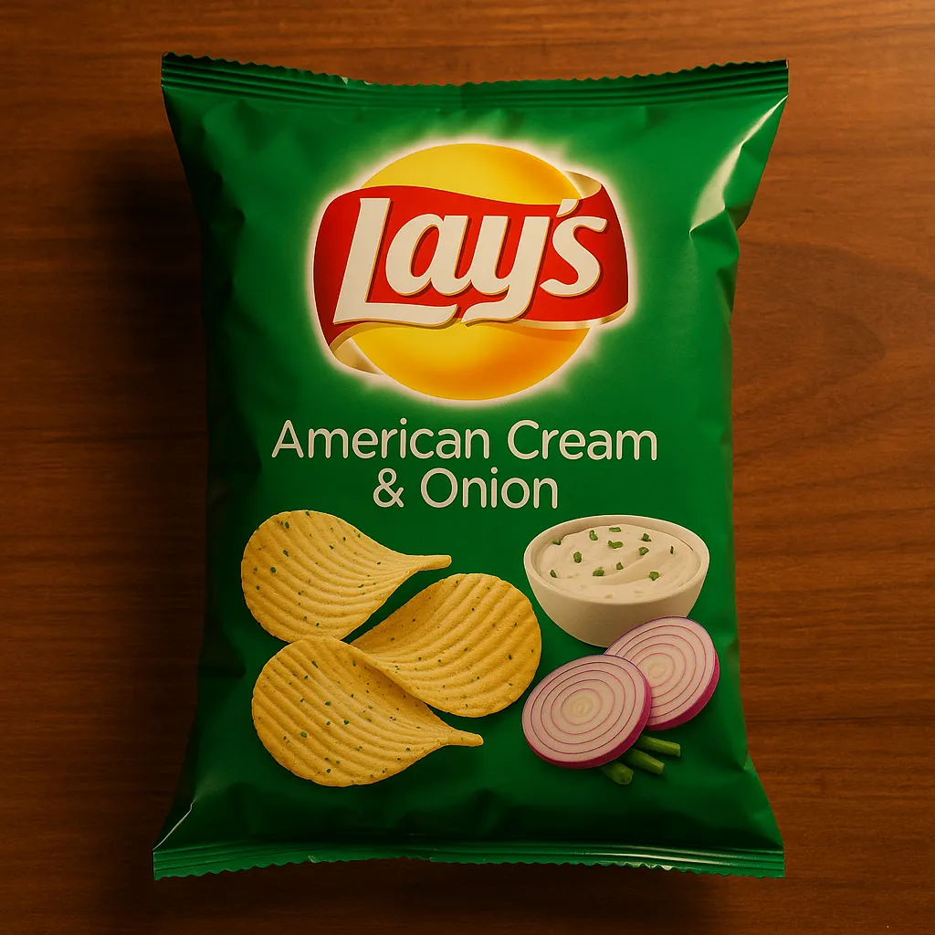 Lay's American Cream & Onion potato chips bag - 160 calories per 28g serving