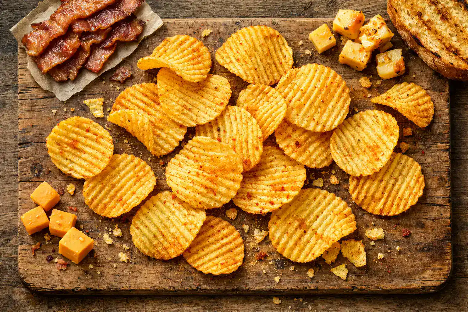 Lay's Bacon Grilled Cheese Chips auf rustikalem Holztisch – 160 Kalorien pro 28 g Portion