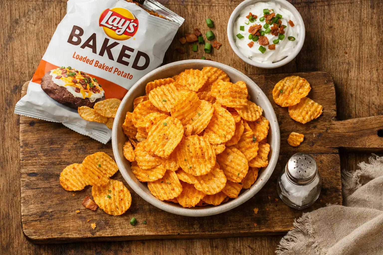Lay's Baked Loaded Baked Potato Chips in a bowl - 120 calories per 28g serving