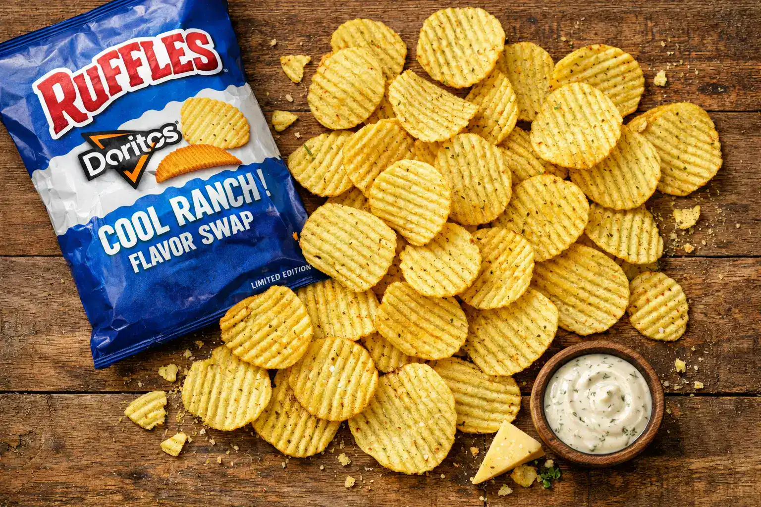 Patatas fritas Ruffles Doritos Cool Ranch Flavor Swap en mesa de madera rústica - 150 calorías por porción