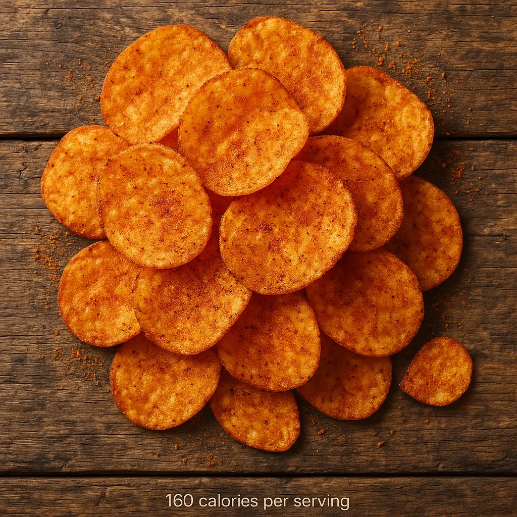 Fresh crispy thick-cut potato chips with intense masala seasoning - 160 calories per serving