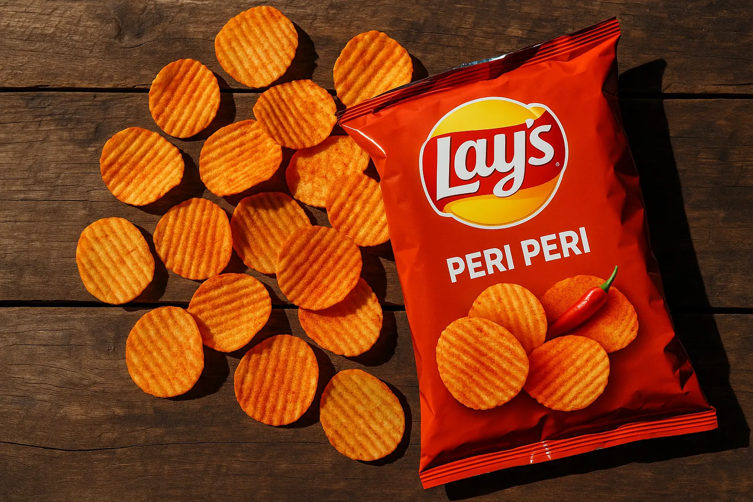 Fresh Lay's Peri Peri chips on rustic wooden table - 150 calories per serving