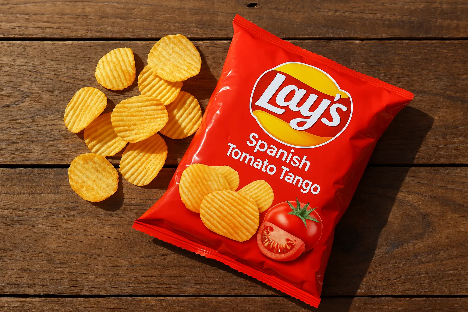 Fresh Lay's Spanish Tomato Tango chips on rustic wooden table - 150 calories per serving