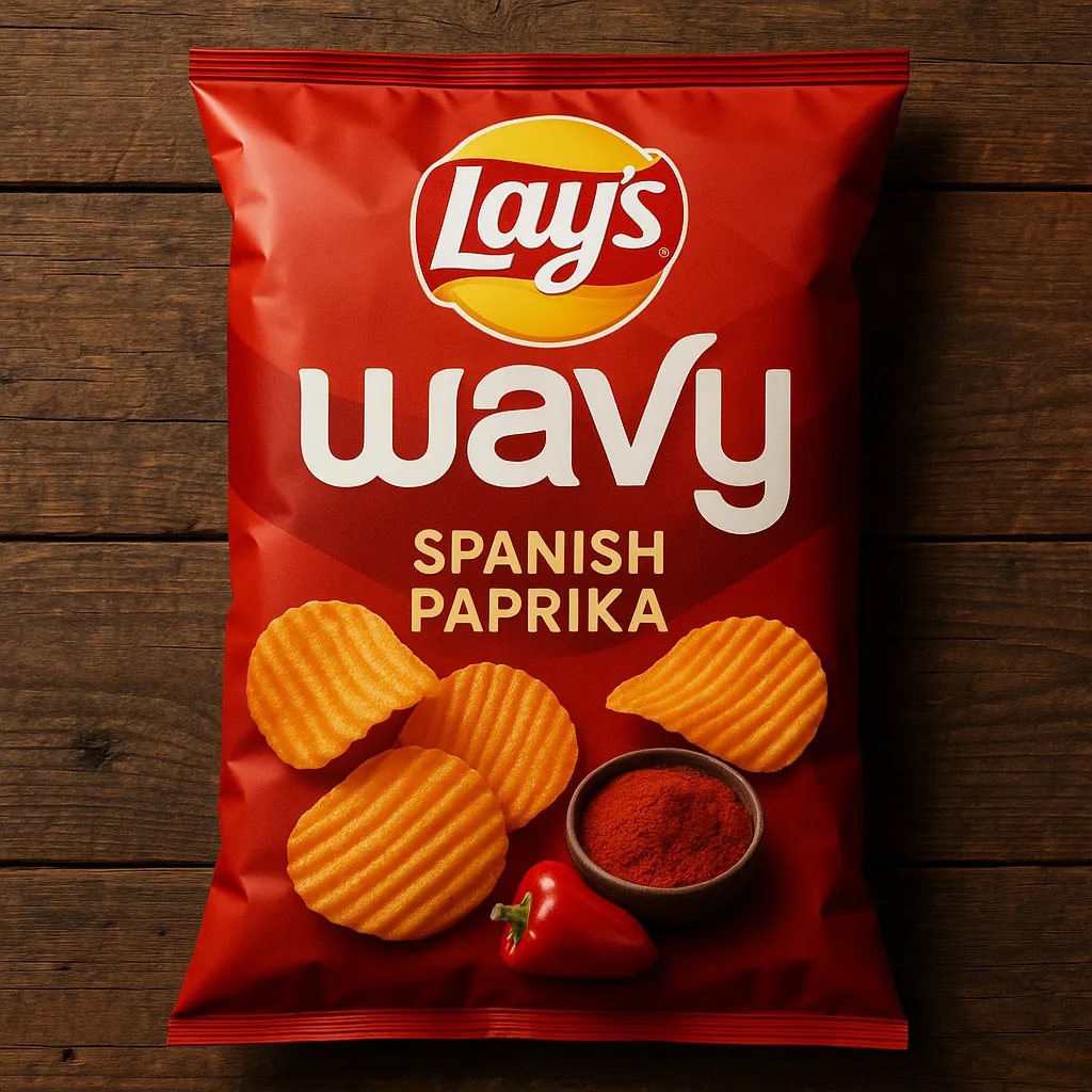 Lay's Wavy Spanish Paprika potato chips bag - 536 calories per 100g