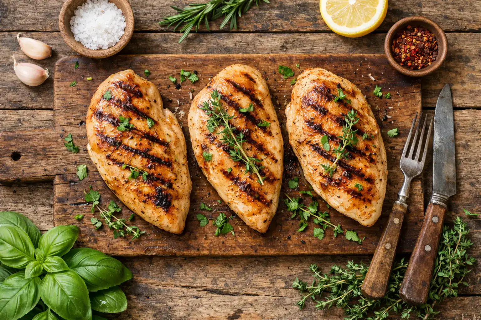 Fresh lean chicken breast on rustic wooden table - 165 calories per 100g