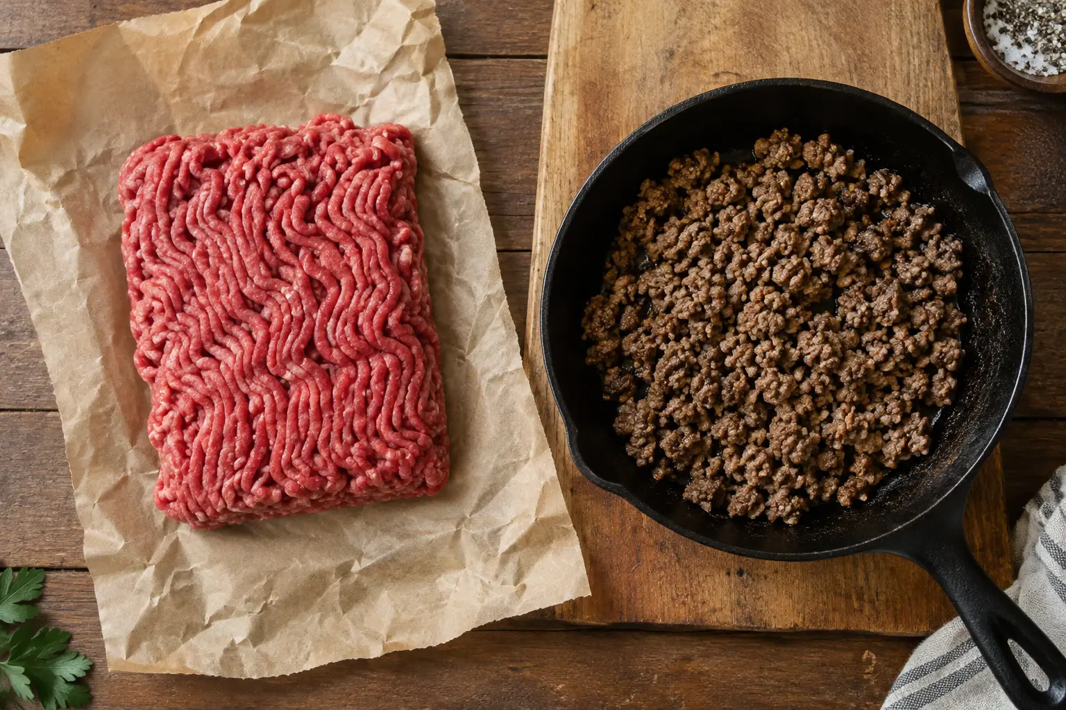 Raw lean ground beef on butcher paper beside a small pile of browned beef crumbles in a skillet, seen from above on a wooden board