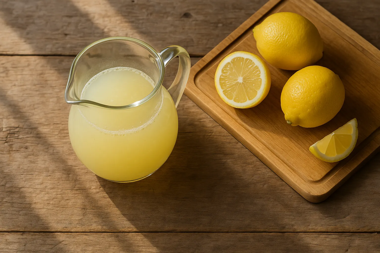 Fresh lemon juice in glass pitcher on rustic wooden table - 25 calories per 100ml