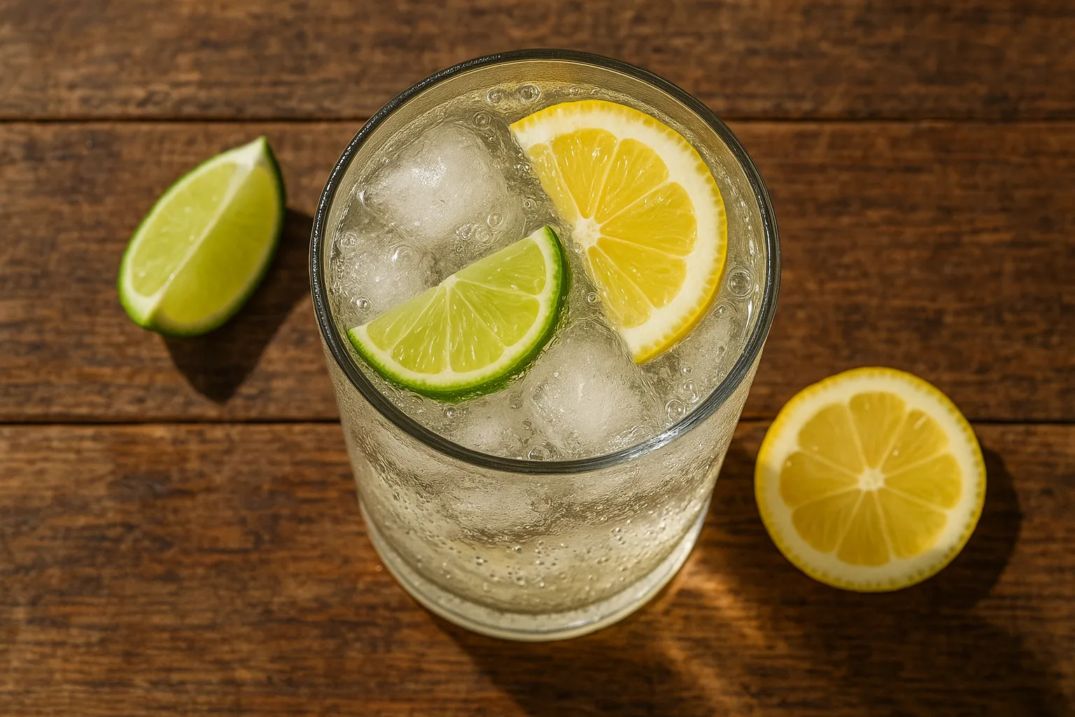 Fresh lemon-lime soda on rustic wooden table - 140 calories per 330ml can