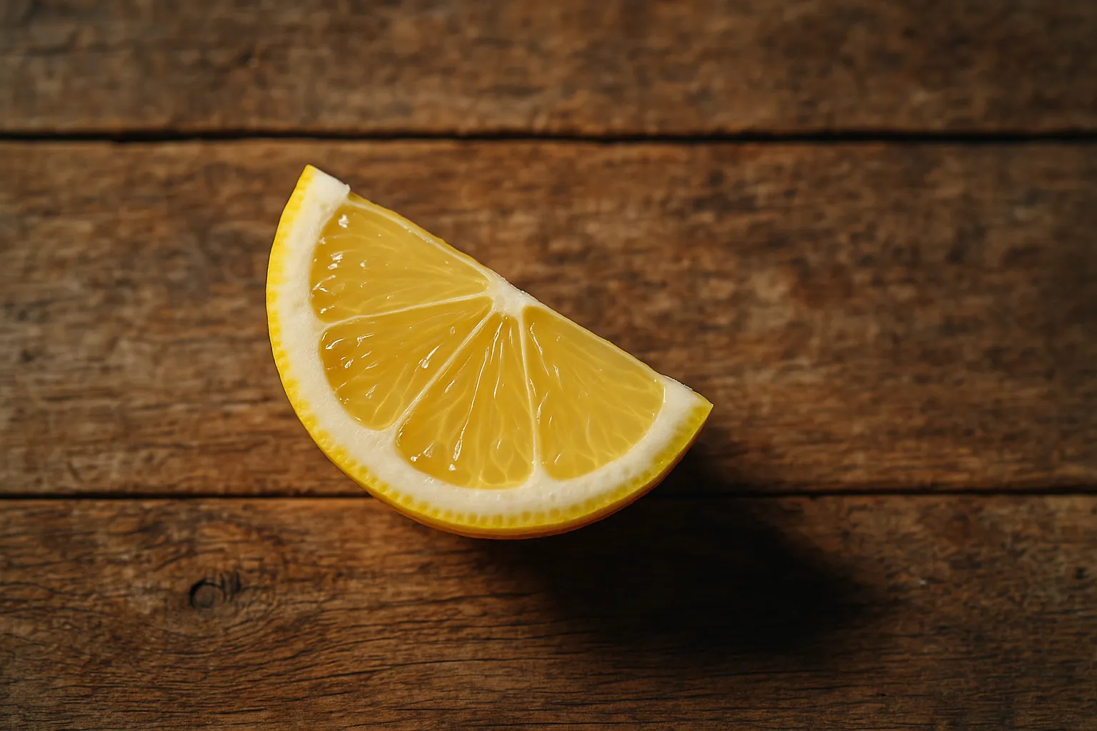 Rodaja de limón fresca sobre mesa rústica de madera - 8 calorías por rodaja