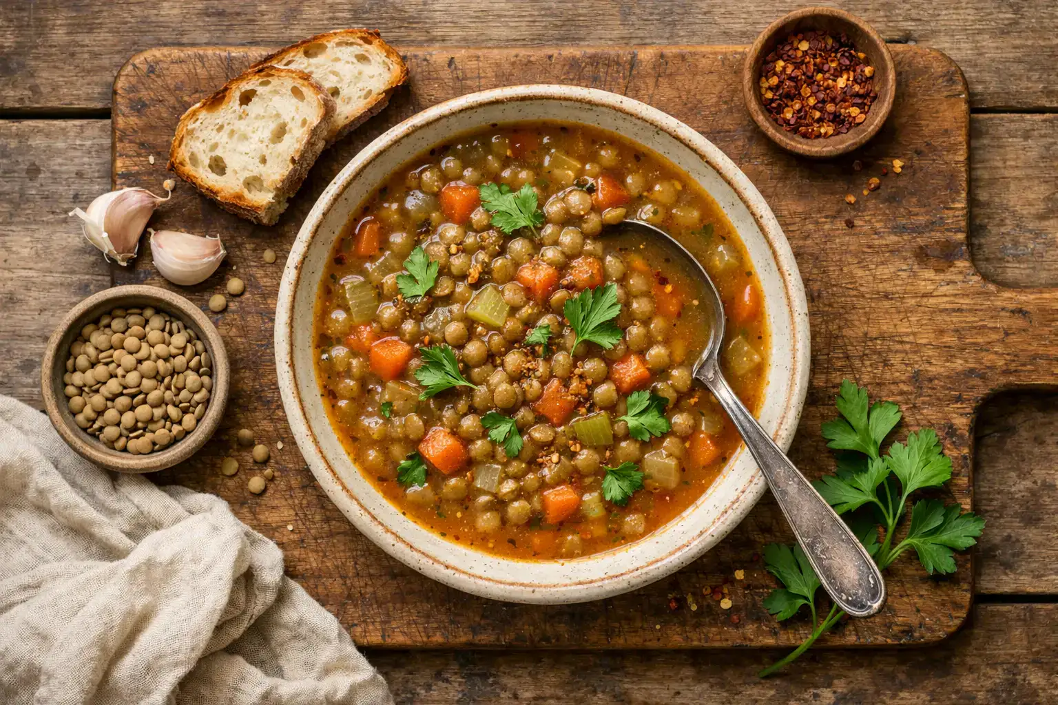 Fresh lentil soup on rustic wooden table - 180 calories per cup