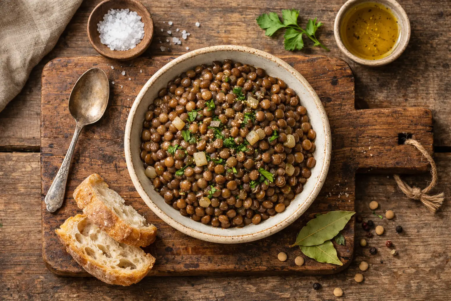 Lentilles cuites fraîches sur une table en bois rustique - 116 calories par demi-tasse