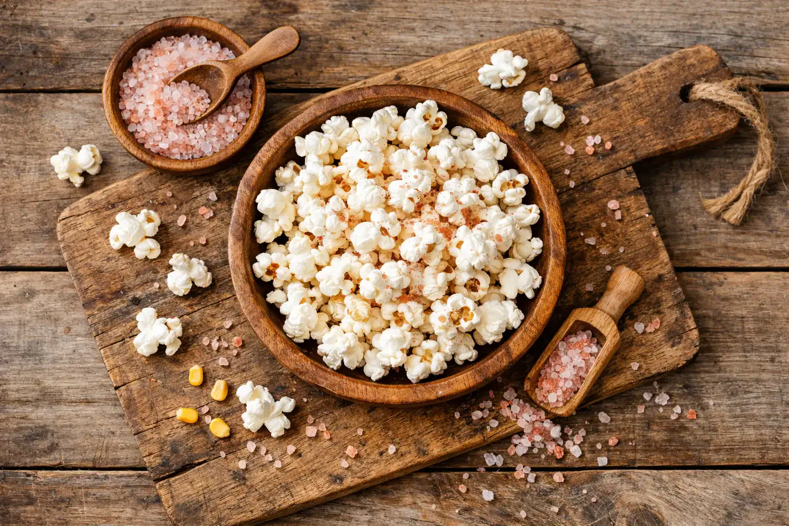 Fresh organic popcorn with himalayan pink salt on rustic wooden table - 140 calories per serving