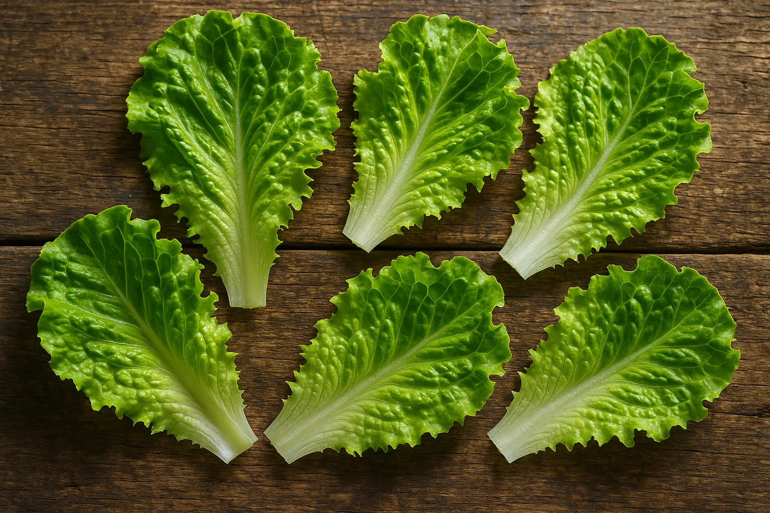 Frische, knusprige Salatblätter auf rustikalem Holztisch - 15 Kalorien pro 100 g