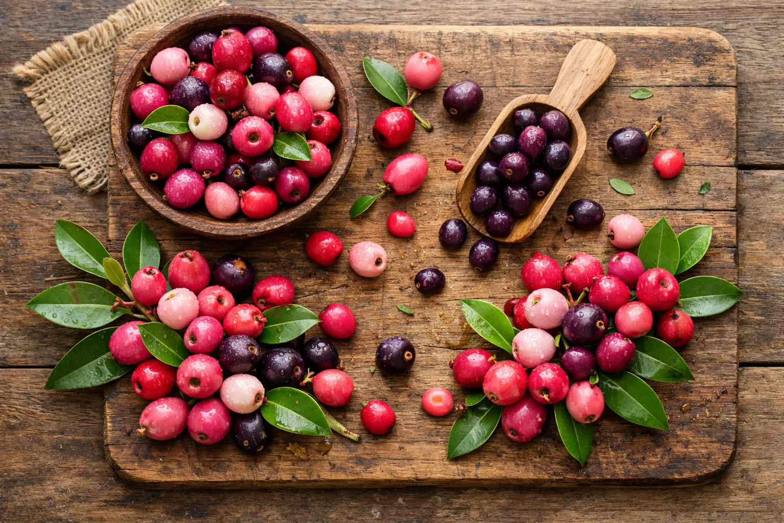 Baies fraîches de Lilly Pilly sur table en bois rustique - 78 calories pour 100 g