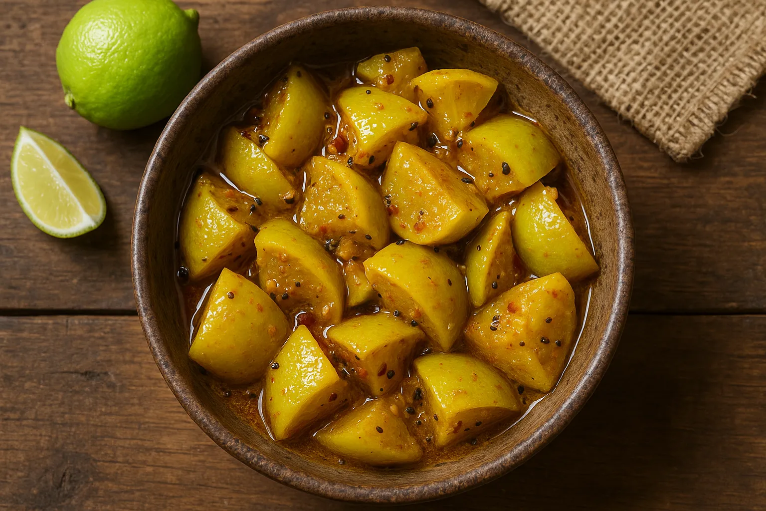 Fresh lime pickle on rustic wooden table - 65 calories per 100g