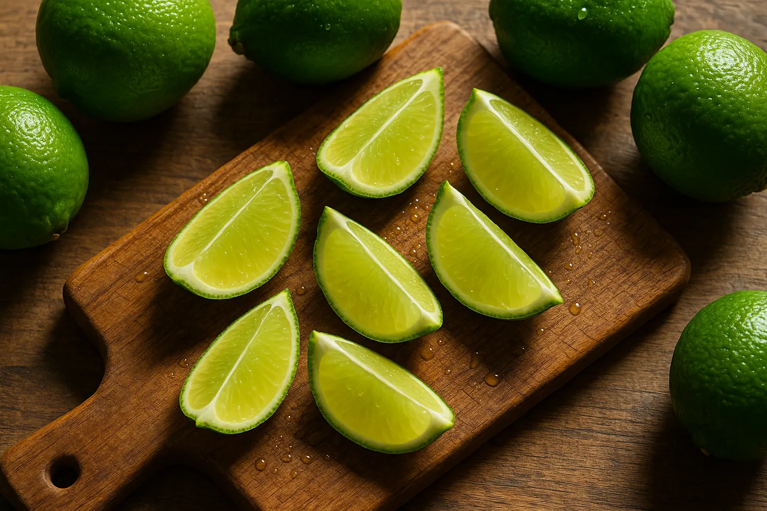Fresh lime wedges on rustic wooden table - 20 calories per lime