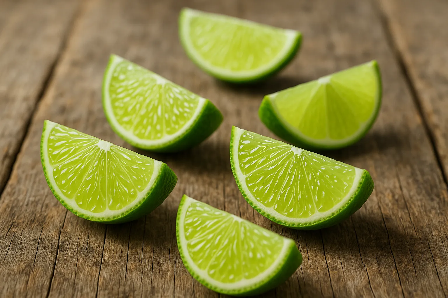 Fresh lime wedges on rustic wooden table - 30 calories per 100g