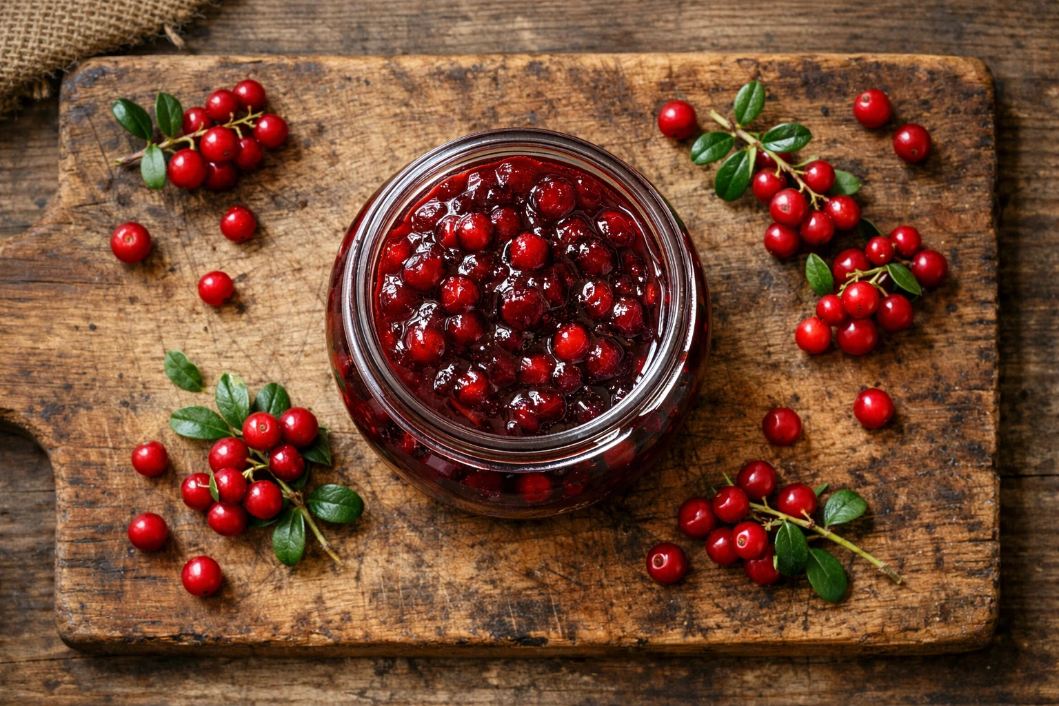 Fresh lingonberry jam on rustic wooden table - 140 calories per 50g serving