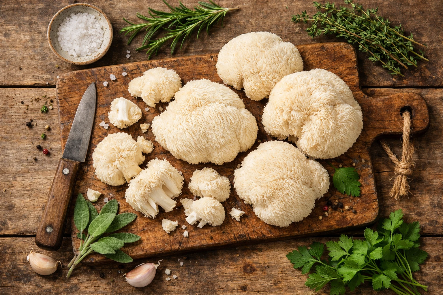 Frischer Löwenmähne-Pilz auf Holzschneidebrett - 35 Kalorien pro 100g