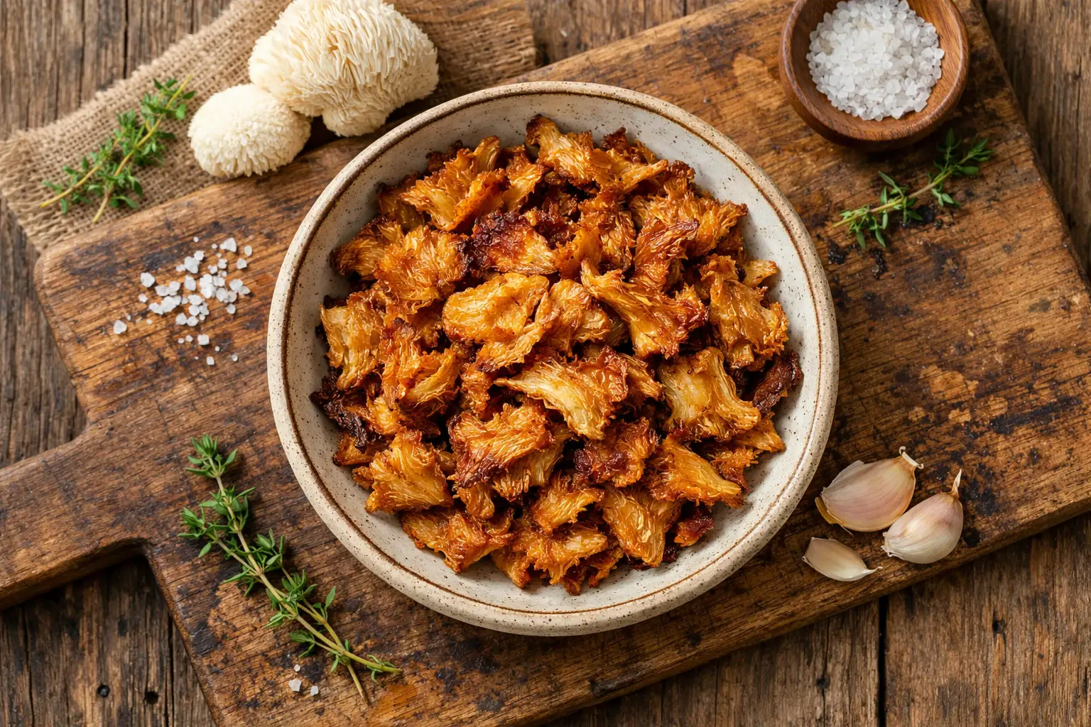 Chips crujientes de melena de león en bol de cerámica - 130 calorías por porción de 28 g